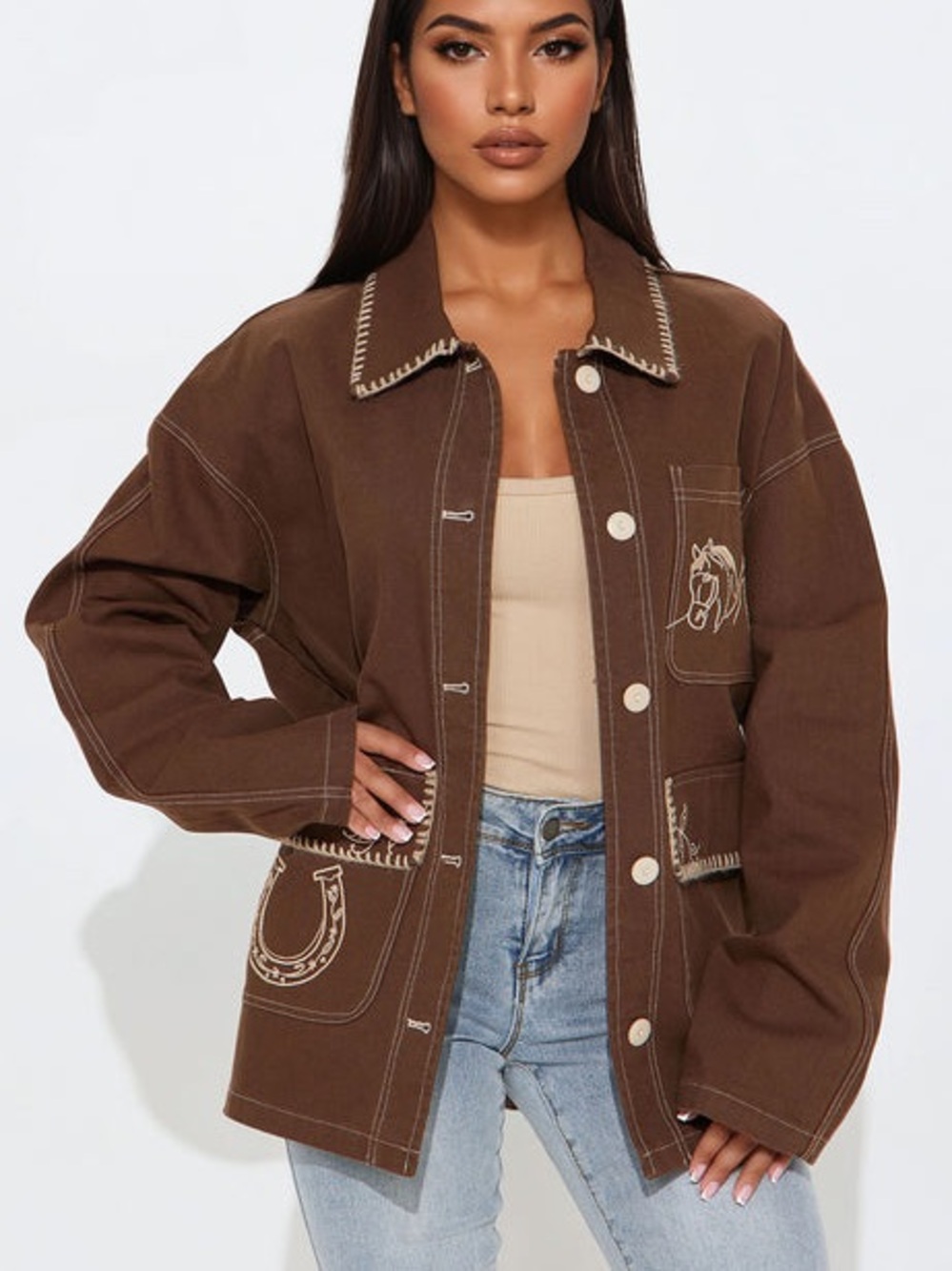 Fashion Nova Brown Button-Down Shirt Jacket with White Embroidery